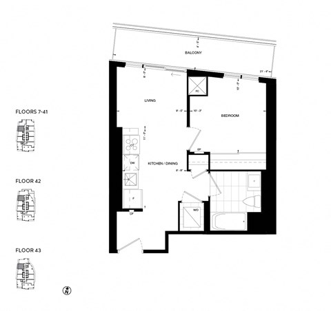 Floor plan for 1 bed, 1 bath, 496 sqft